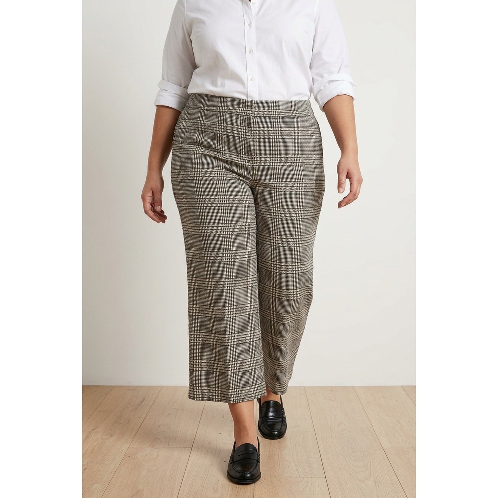 Democracy XL High Rise Glen Plaid Wide Leg Cropped Pants Brown Tan Check